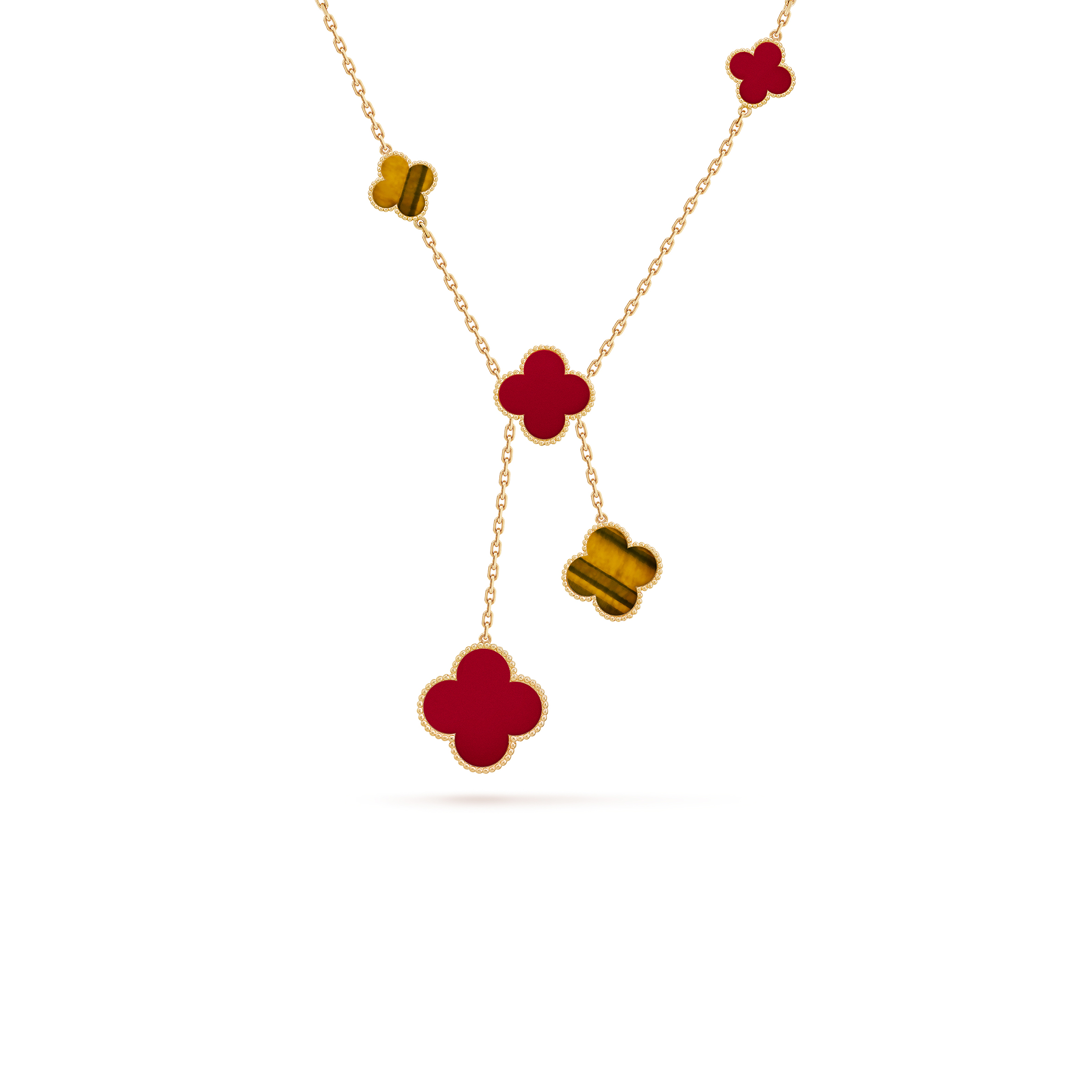 VAN CLEEF ARPELS MAGIC ALHAMBRA NECKLACE, 6 MOTIFS - YELLOW GOLD, CARNELIAN, TIGER EYE  VCARN5JP00